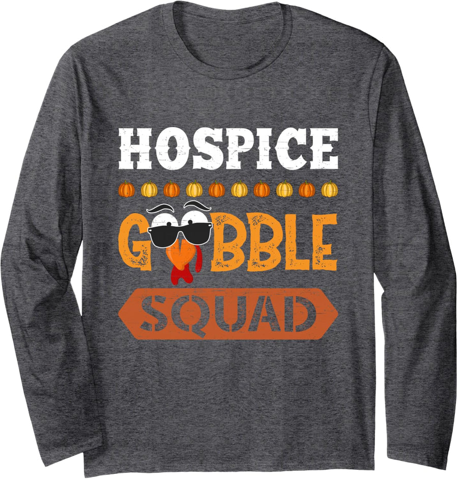 Hospice Gobble Squad Turkey Thanksgiving Nurse Long Sleeve T-Shirt - Adult Unisex Dark Heather Grey