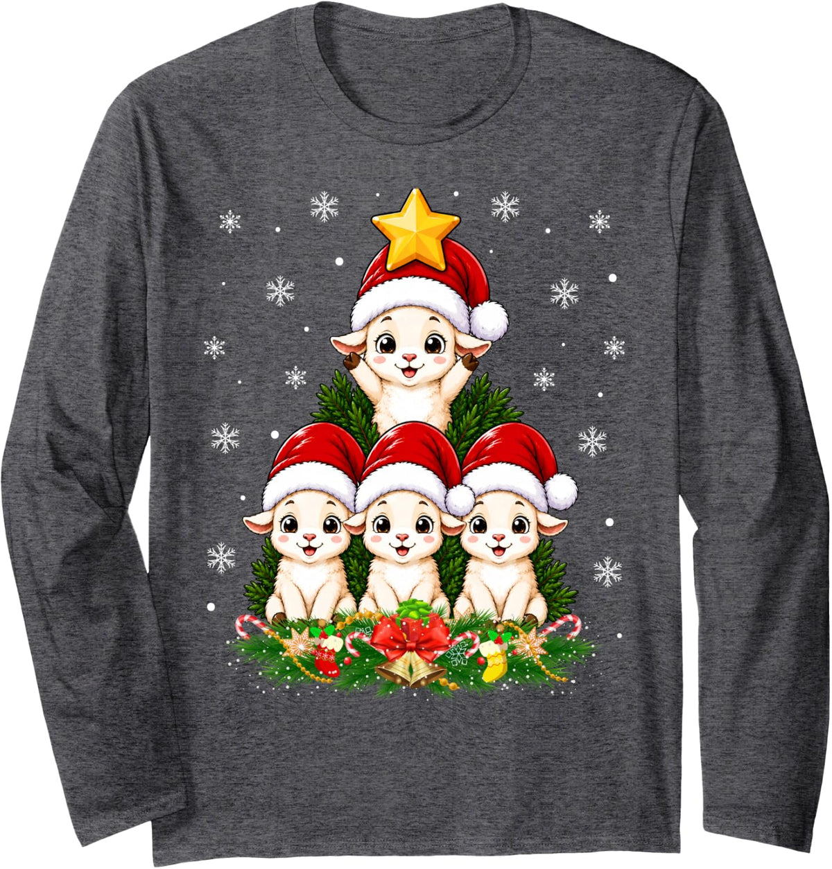 Lamb Sheep Christmas Tree Cute Animal Festive Cheer Xmas Long Sleeve T-Shirt - Adult Unisex Dark Heather Grey