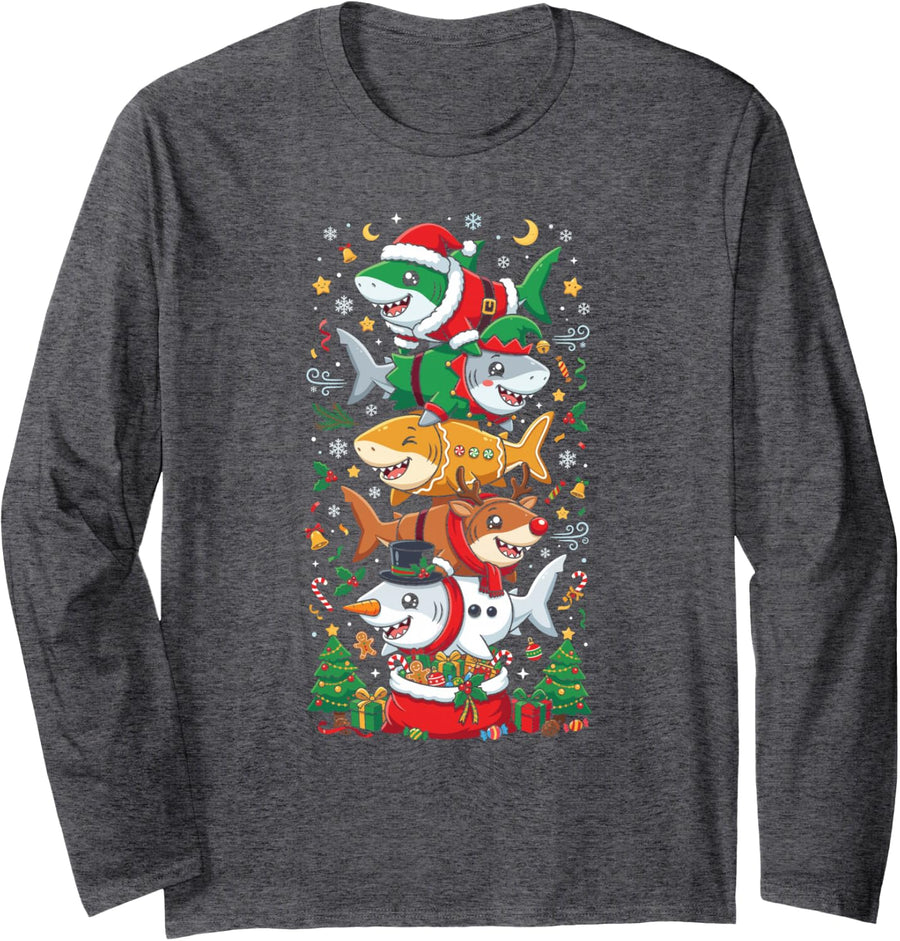 Funny Christmas Shark Santa Elf Snowman Womens Mens Kids Long Sleeve T-Shirt - Adult Unisex Dark Heather Grey