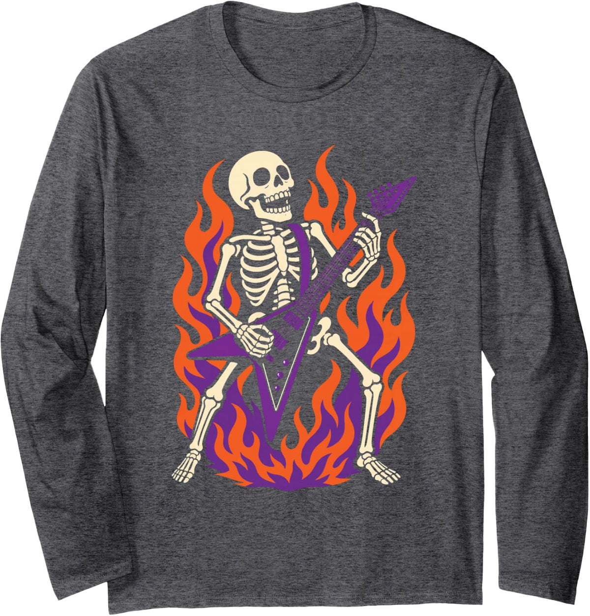 Halloween Skeleton Punk Rock Guitar Player Mohawk Flames Long Sleeve T-Shirt - Adult Unisex Dark Heather Grey