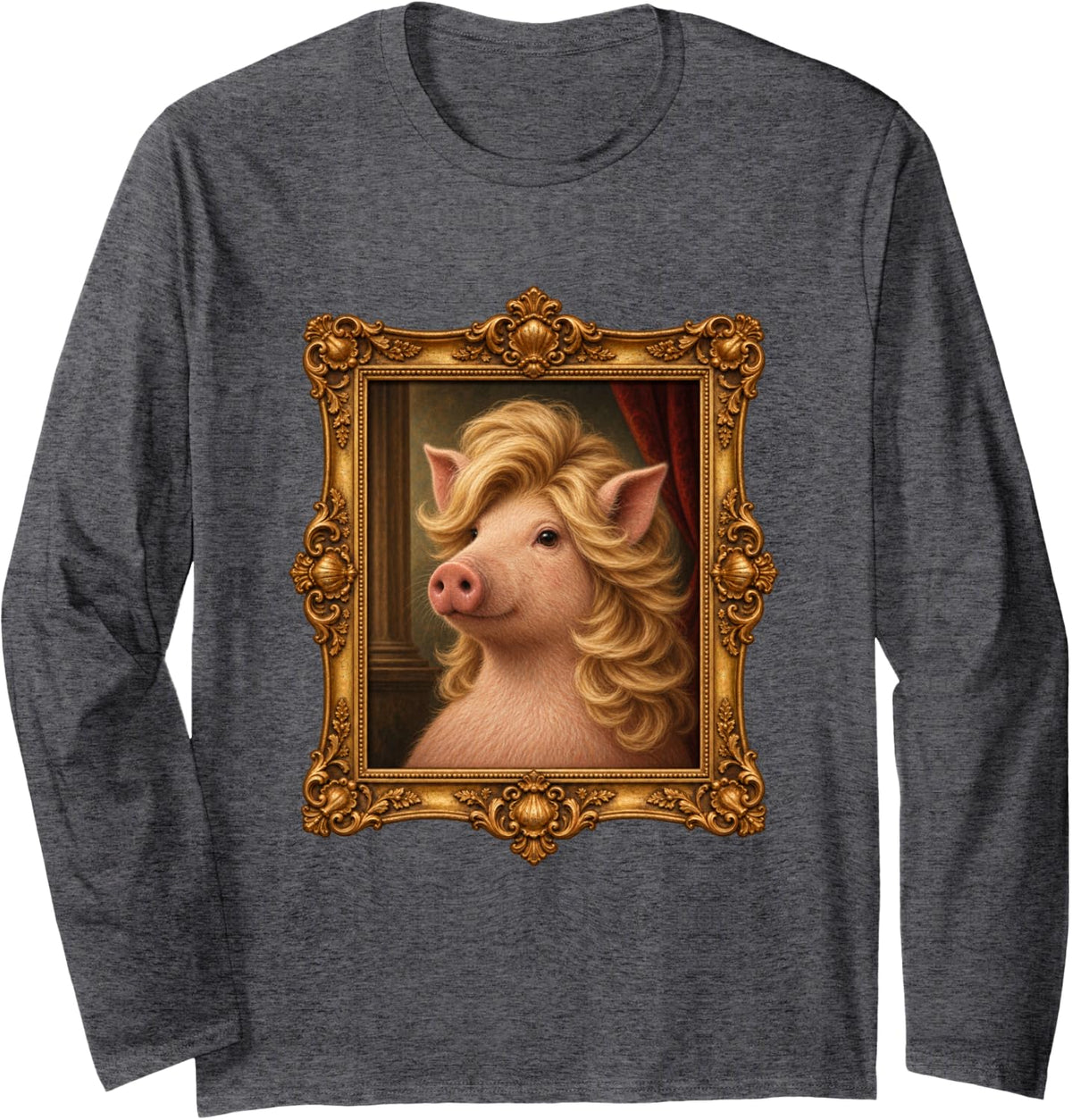 Pig Golden Blowout Hair Funny Animal Portrait Long Sleeve T-Shirt - Adult Unisex Dark Heather Grey
