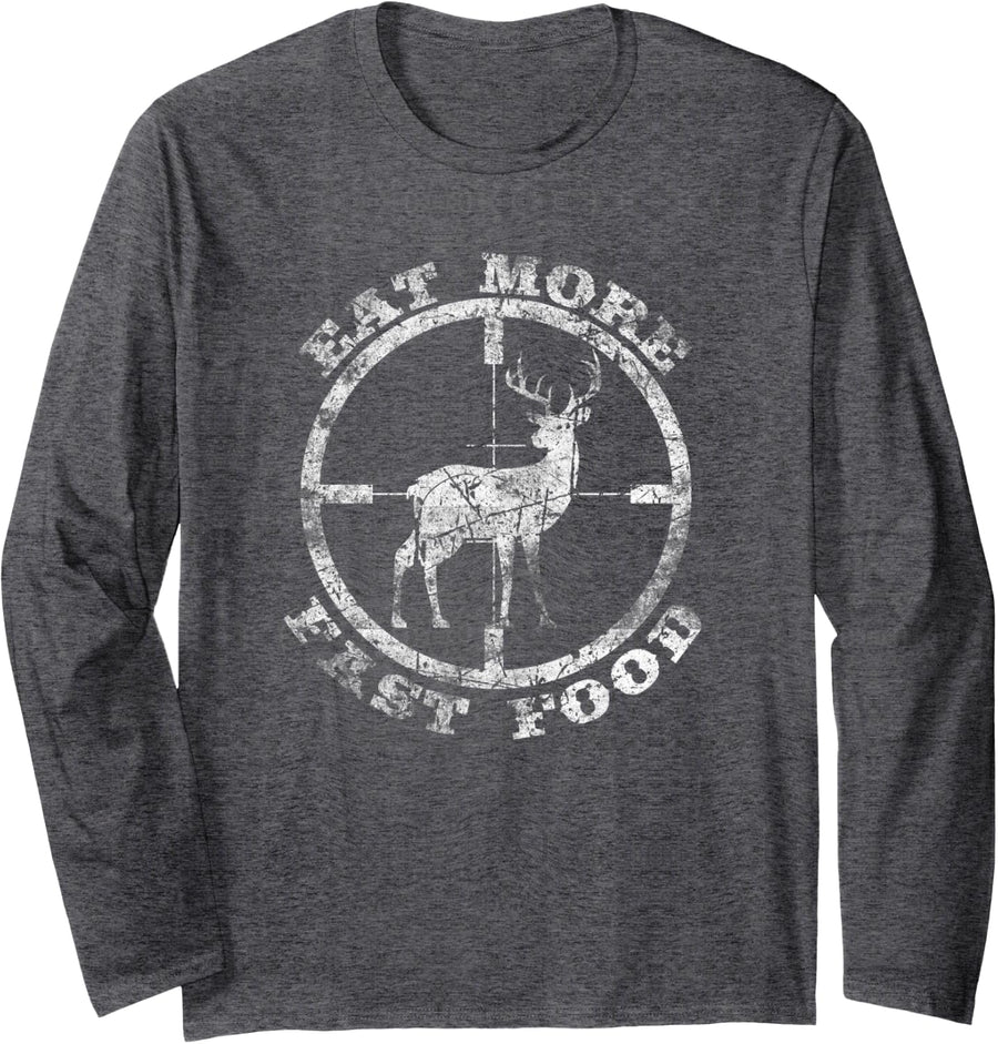 Distressed Vintage Eat More Fast Food Deer Elk Hunting Long Sleeve T-Shirt - Adult Unisex Dark Heather Grey