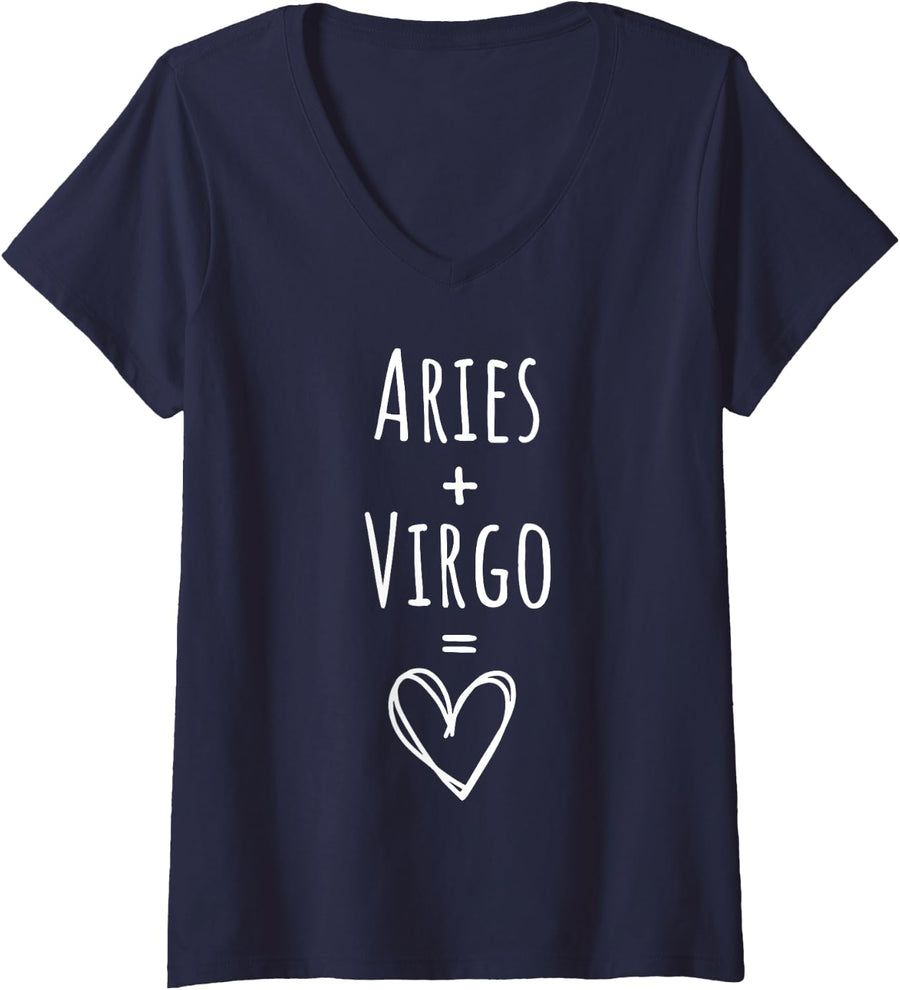 Aries and Virgo Couple Matching Zodiac Sign V-Neck T-Shirt - Navy Blue