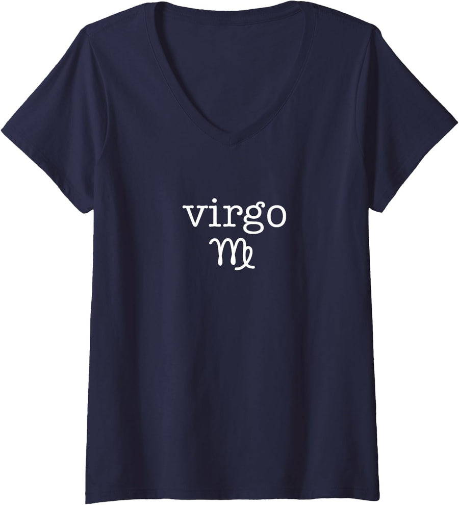 Womens Virgo Symbol - Astrology Zodiac Sign Minimalist V-Neck T-Shirt - Navy Blue