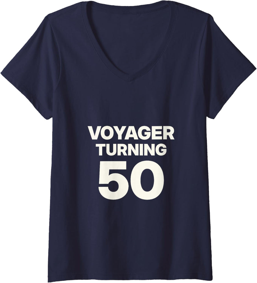 Women's Voyager 50th Anniversary 1977-2027 Vintage Space Exploration V-Neck T-Shirt - Navy Blue