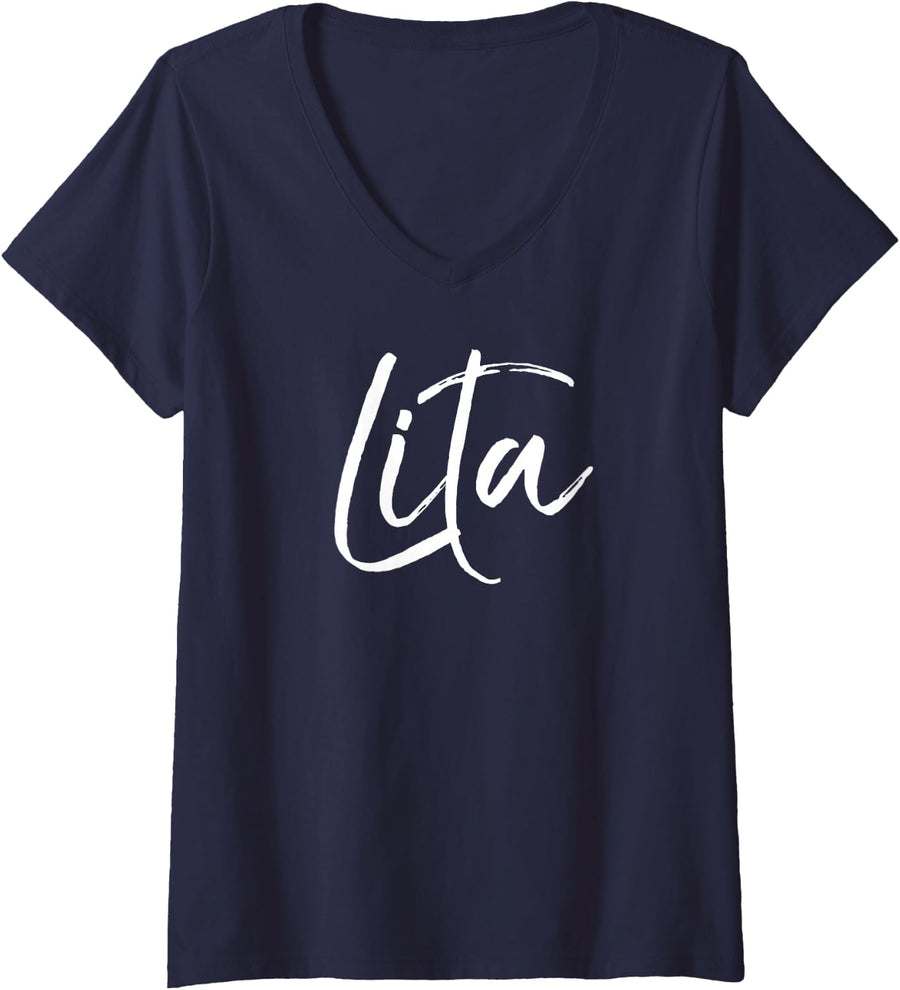 Womens Grandma Gift in Spanish Abuelita New Abuela En Epañol Lita V-Neck T-Shirt - Navy Blue
