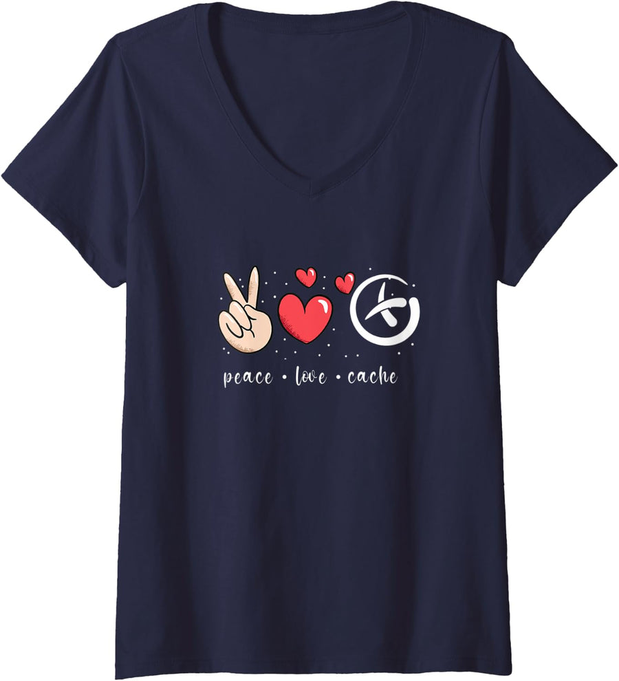 Womens Peace Love Geocaching - Geocaching V-Neck T-Shirt - Navy Blue