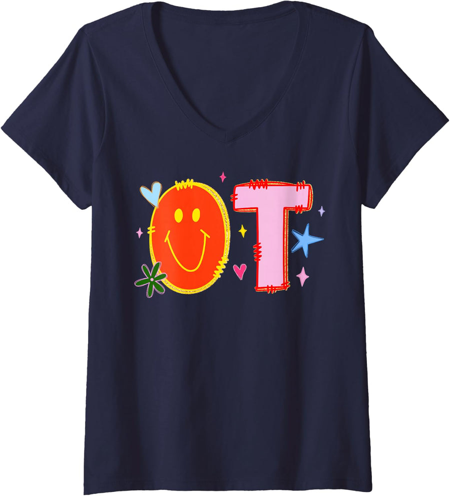 Women's Occupational Therapy Pediatric Therapist OT Month Cute OTA V-Neck T-Shirt - Navy Blue