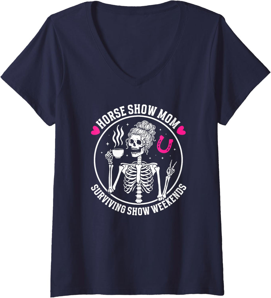 Women's Horse Show Mom Funny Horse Show Mama Equestrian Mother V-Neck T-Shirt - Navy Blue