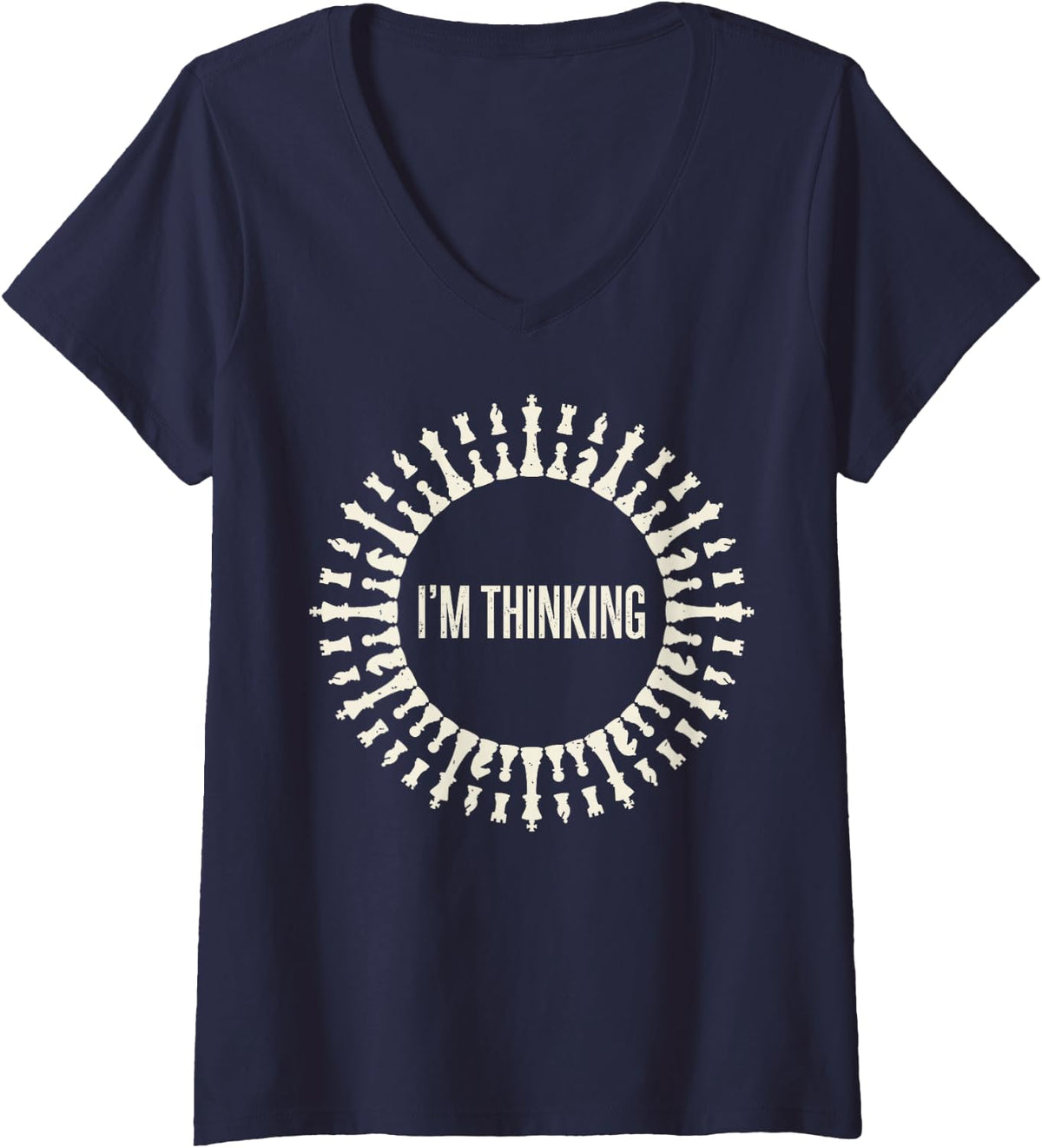 Women's I'm Thinking Play Chess Player Checkmate Chess Pieces V-Neck T-Shirt - Navy Blue