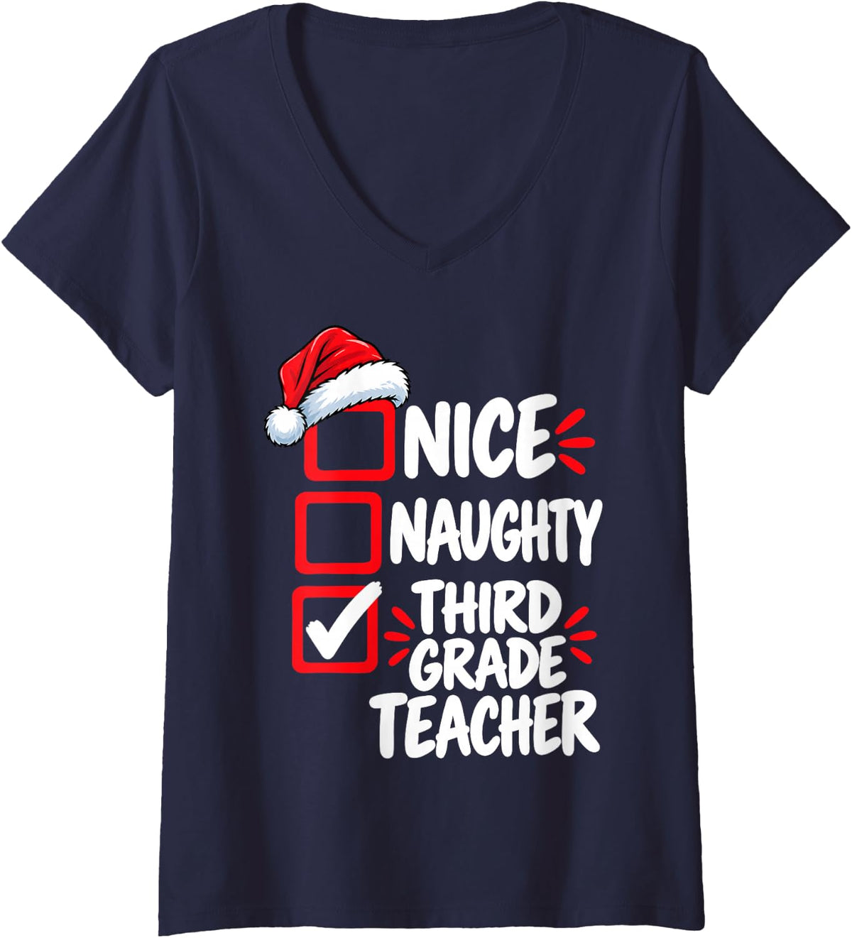 Women's Nice Naughty Third Grade Teacher Christmas V-Neck T-Shirt - Navy Blue