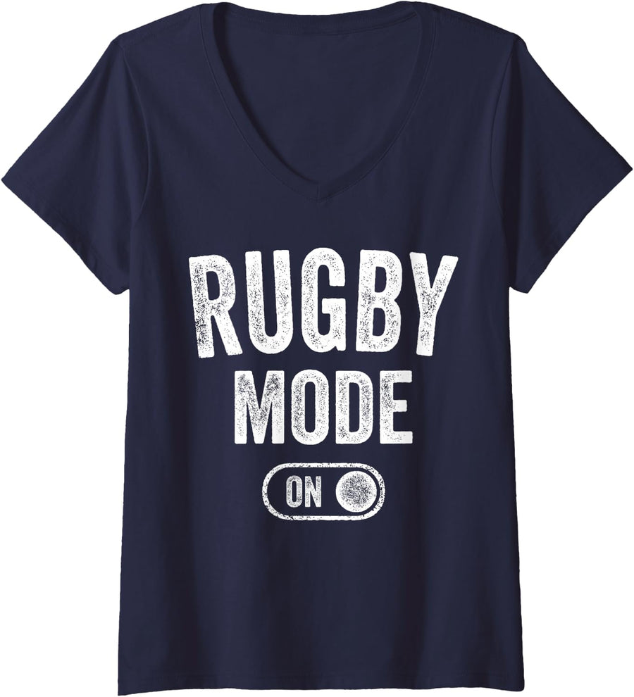 Women's Rugby Mode On Funny Rugger Player Gift Coach V-Neck T-Shirt - Navy Blue