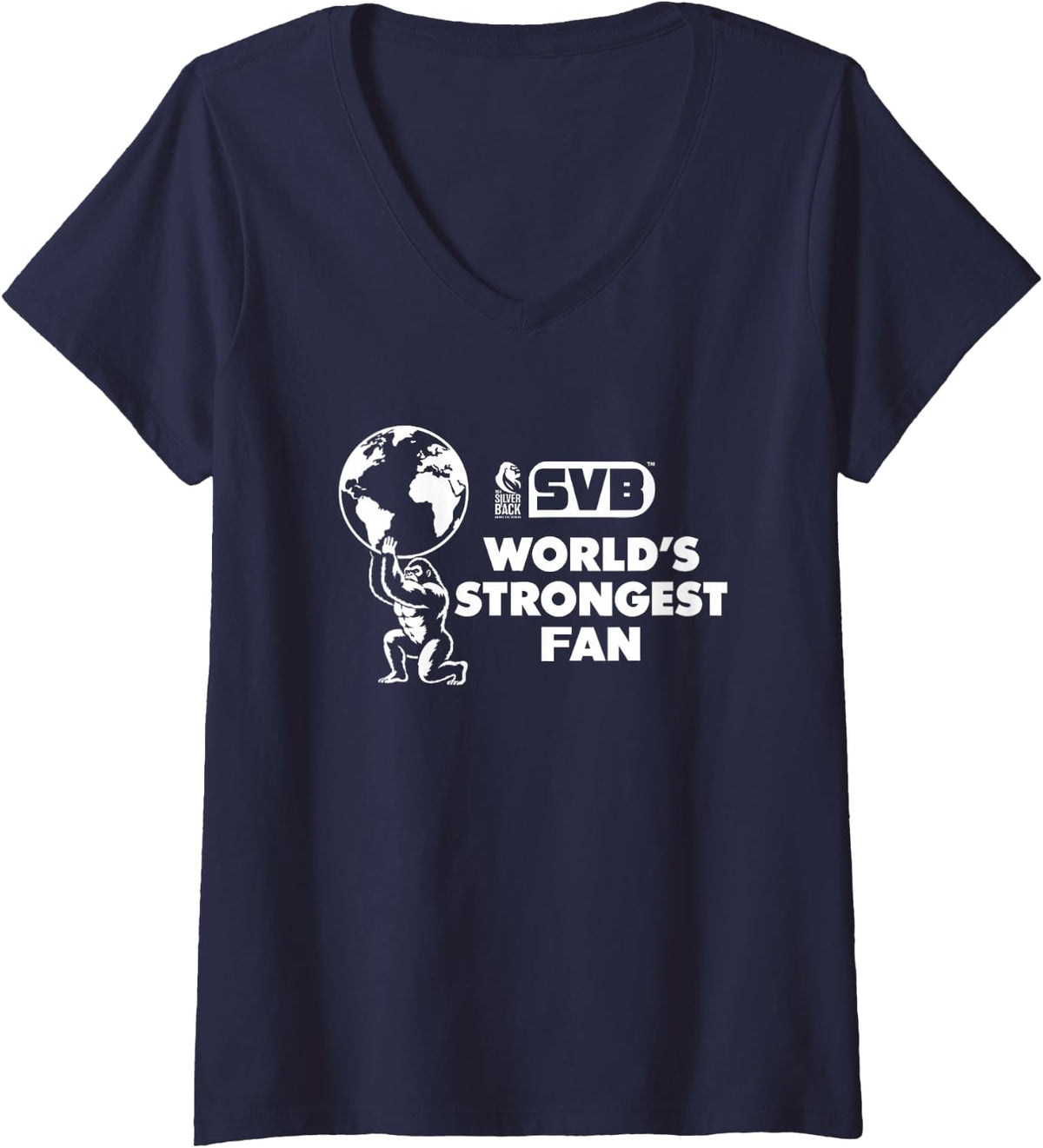 Women's 96.4% Silverback Gym Apparel, Worlds Strongest Fan V-Neck T-Shirt - Navy Blue