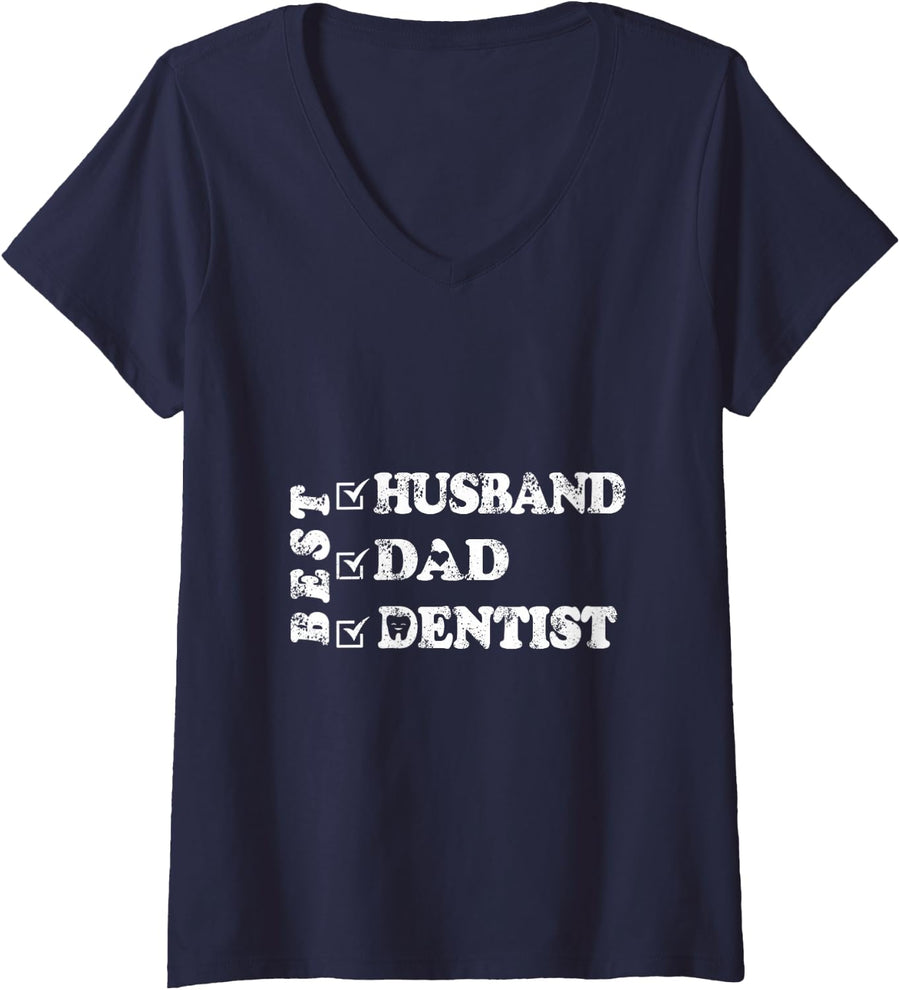 Women's Best Husband Dad Dentist V-Neck T-Shirt - Navy Blue
