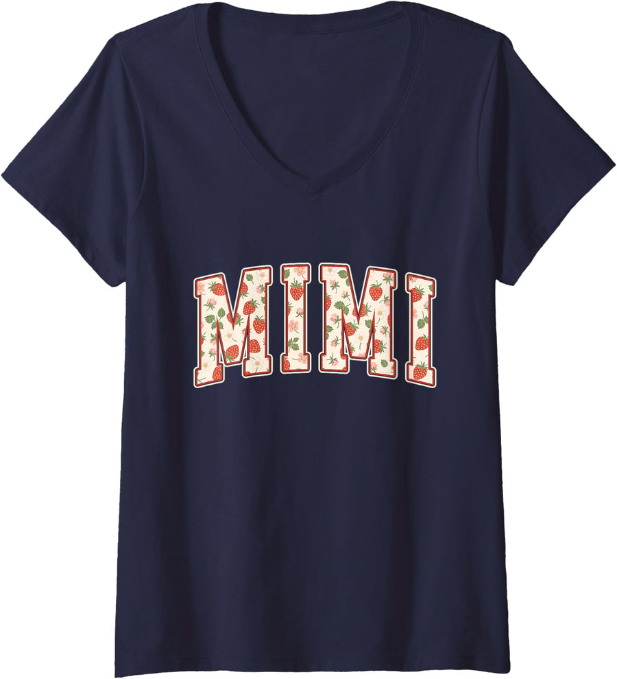 Women's Mimi Strawberry Varsity Letters Grandma Grandmother V-Neck T-Shirt - Navy Blue
