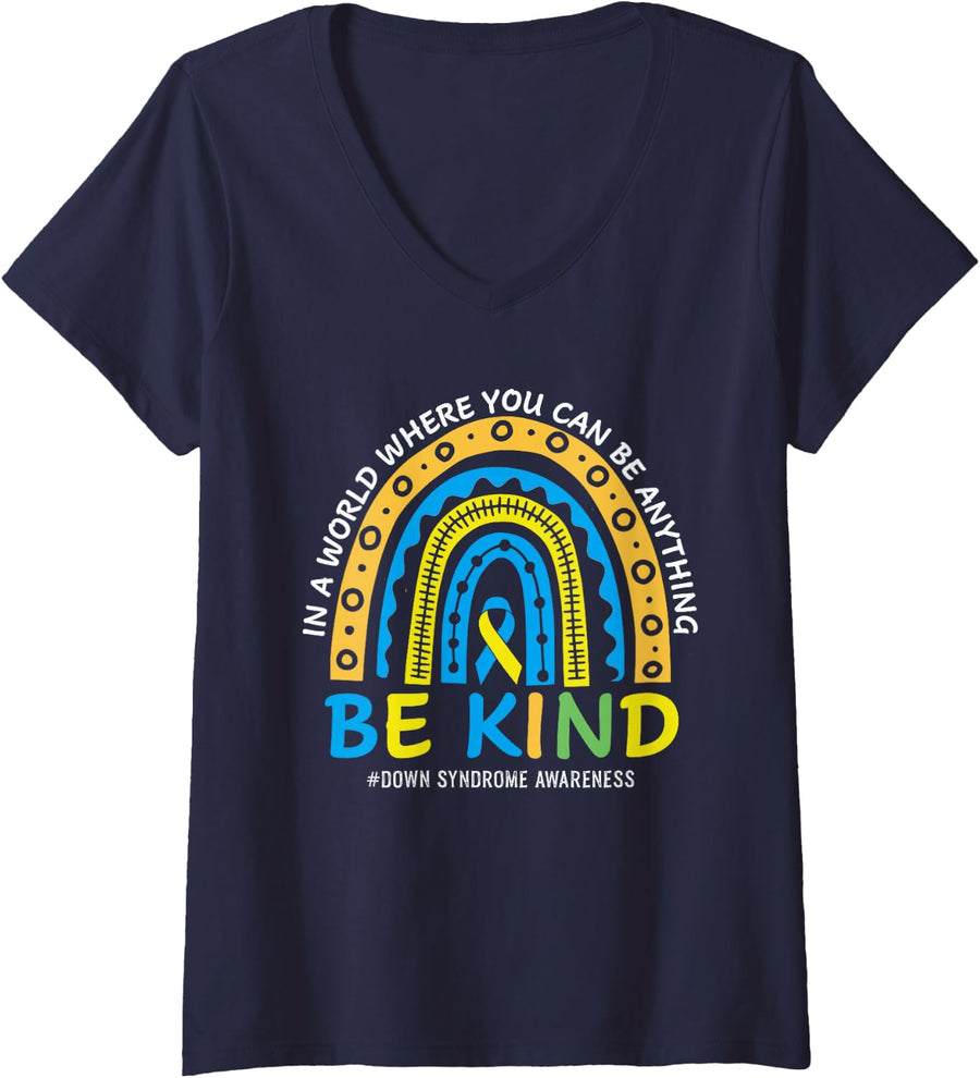 Women's In October We Wear Blue Yellow Kind Down Syndrome Awareness V-Neck T-Shirt - Navy Blue
