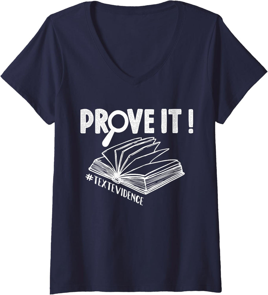 Womens ENGLISH TEACHER Prove It Text Evidence V-Neck T-Shirt - Navy Blue