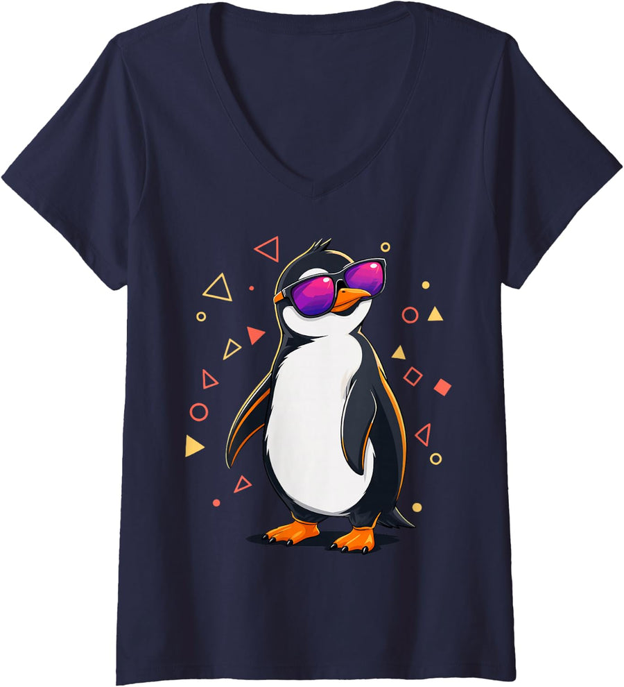 Women's Cool Penguin Sunglasses V-Neck T-Shirt - Navy Blue