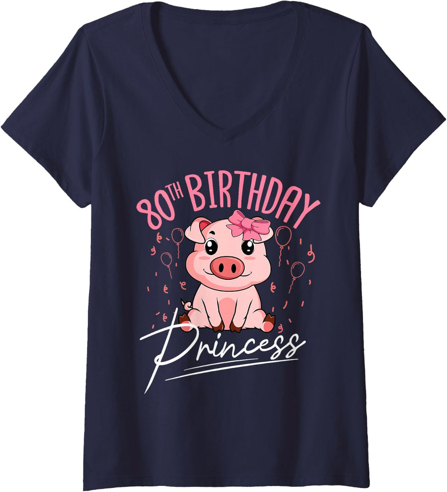 Women's Pig 80th Birthday Princess Farm Party Hog Farmer Barnyard V-Neck T-Shirt - Navy Blue