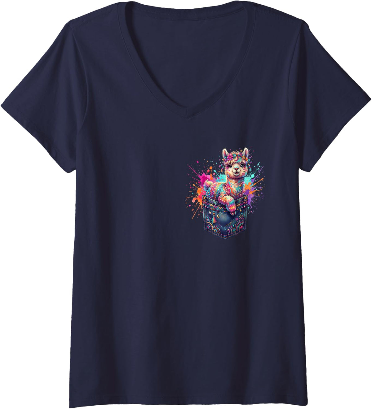 Women's Alpaca Pocket V-Neck T-Shirt - Navy Blue