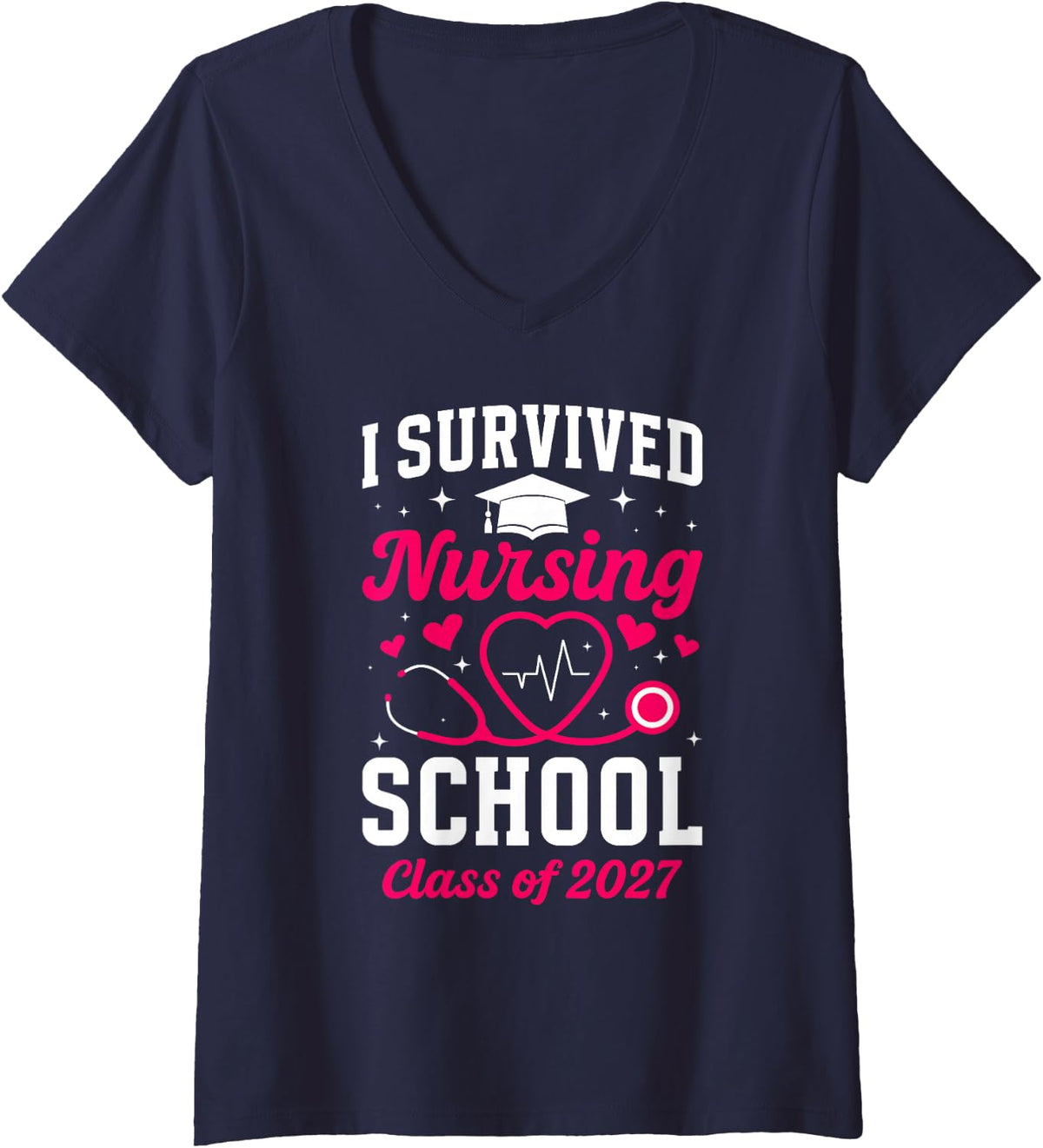 Women's Survived Nursing School Nurse Graduation Nursing Grad 2027 V-Neck T-Shirt - Navy Blue