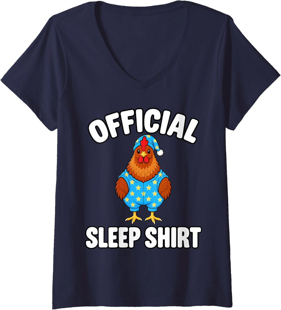 Women's Chicken Sleeping in Pajamas Official Sleepshirt Cute V-Neck T-Shirt - Navy Blue