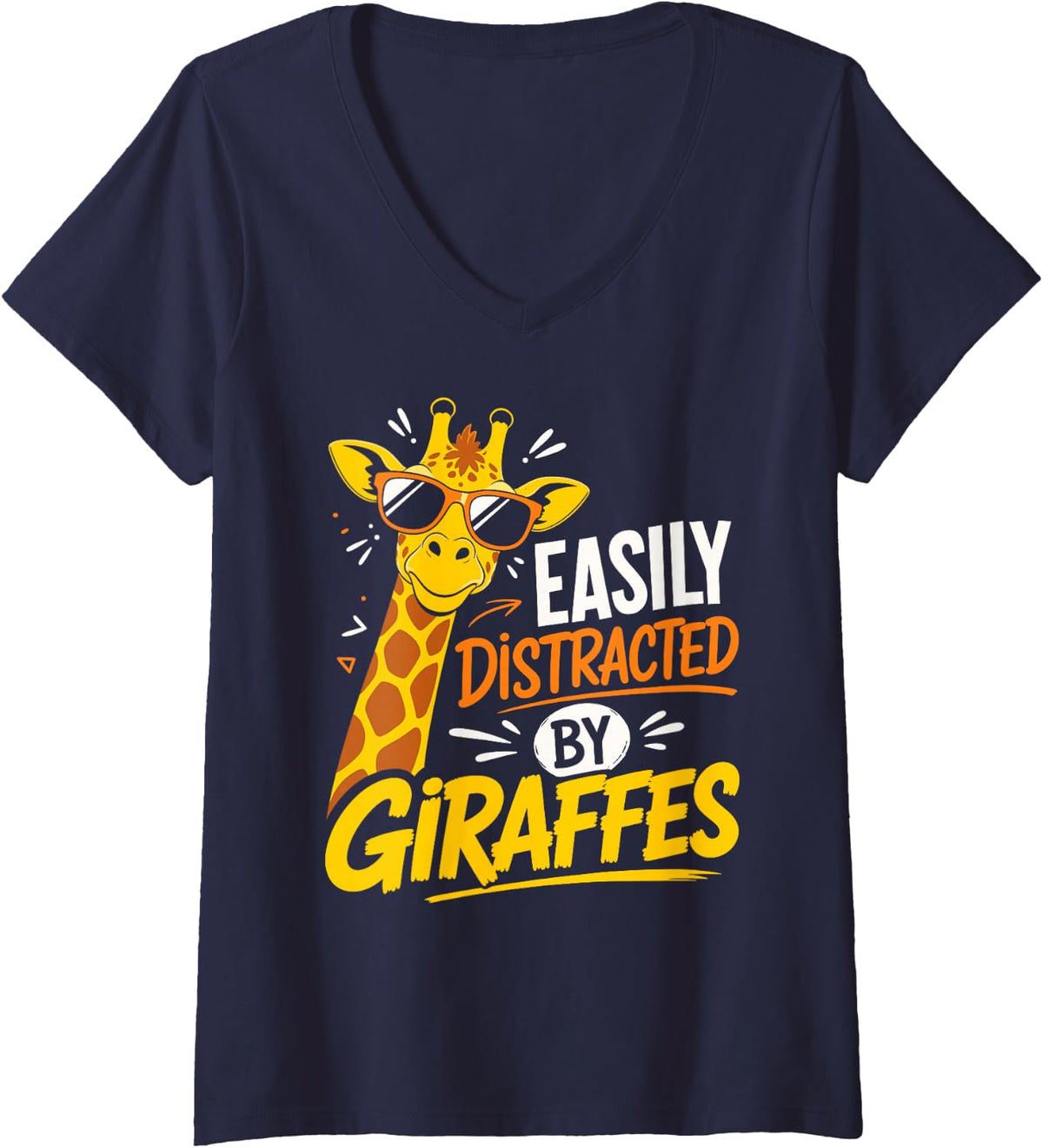 Women's Easily Distracted By Giraffes V-Neck T-Shirt - Navy Blue