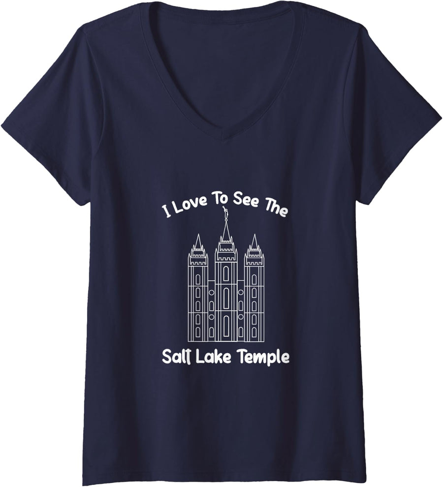 Women's Salt Lake Temple, I Love to See My Temple, Primary V-Neck T-Shirt - Navy Blue