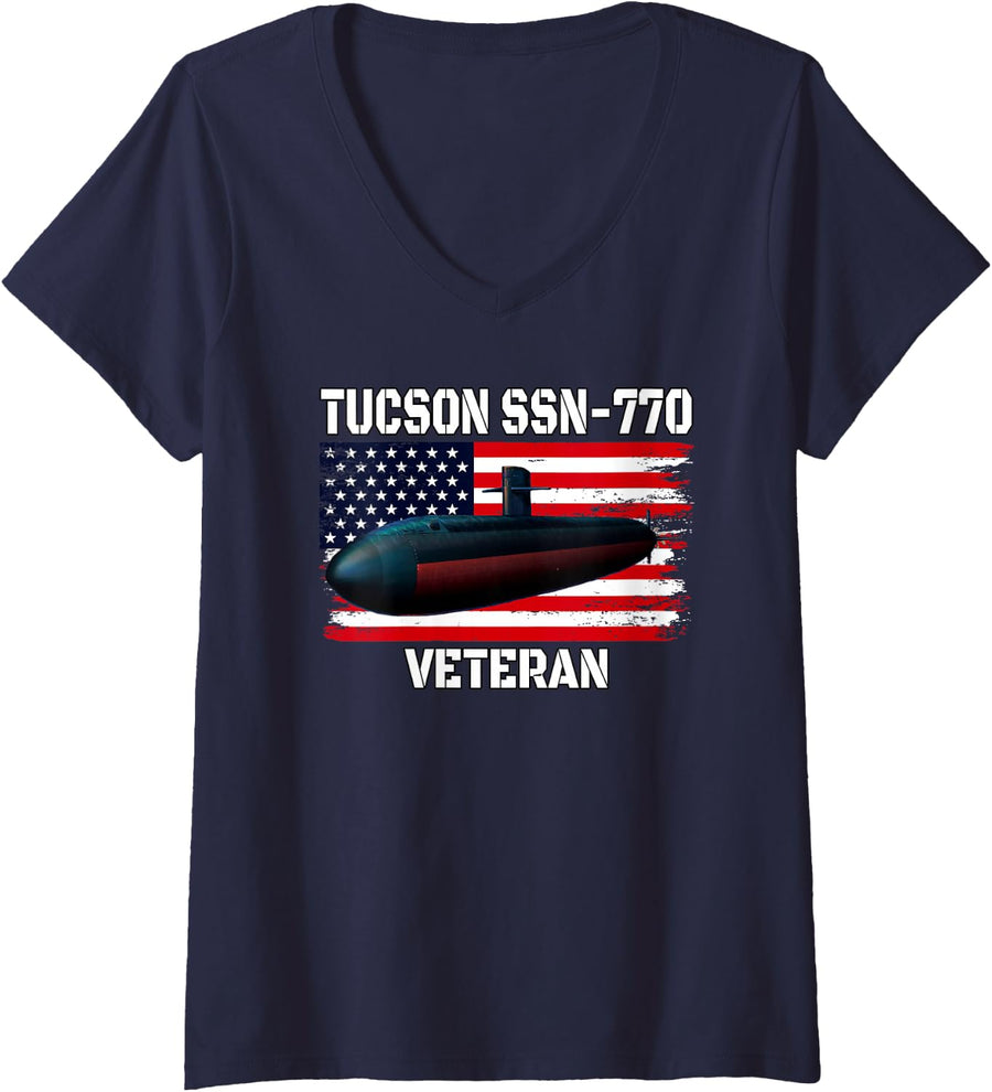 Women's Submarine USS Tucson SSN-770 Veteran Grandfather Dad Son V-Neck T-Shirt - Navy Blue