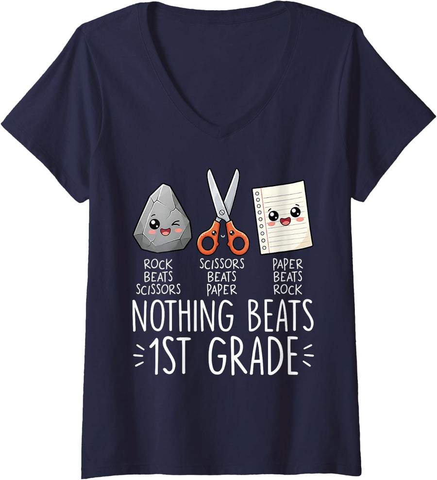 Women's Nothing Beats First Grade Back to School Funny Teachers Kids V-Neck T-Shirt - Navy Blue