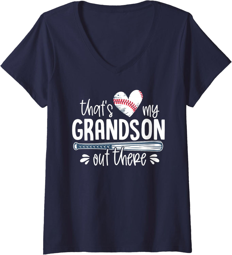 Womens Baseball Gift for Grandparents That's My Grandson Out There V-Neck T-Shirt - Navy Blue