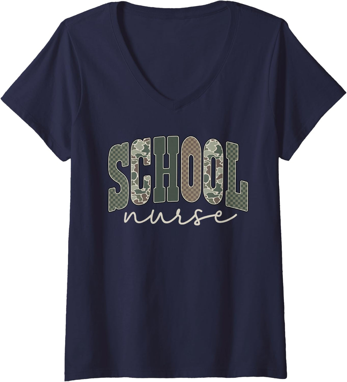 Women's School Nurse Camo Back to School Nursing Job V-Neck T-Shirt - Navy Blue