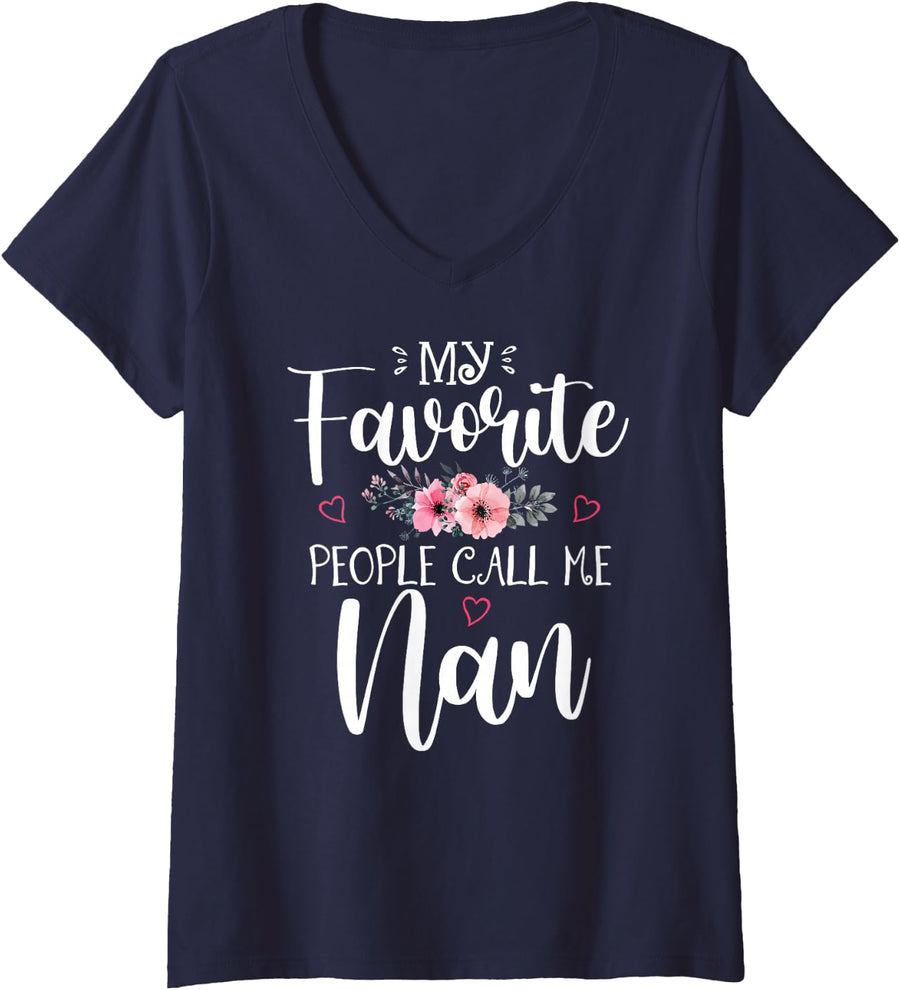 Womens My Favorite People Call Me Nan Funny Floral Mother's Day V-Neck T-Shirt - Navy Blue