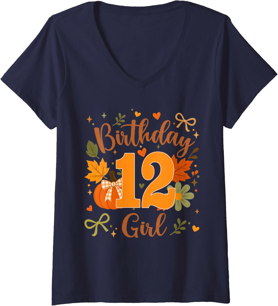 Women's Cute 12th Birthday Girl 12 Year Old Pumpkin Bow Autumn Party V-Neck T-Shirt - Navy Blue