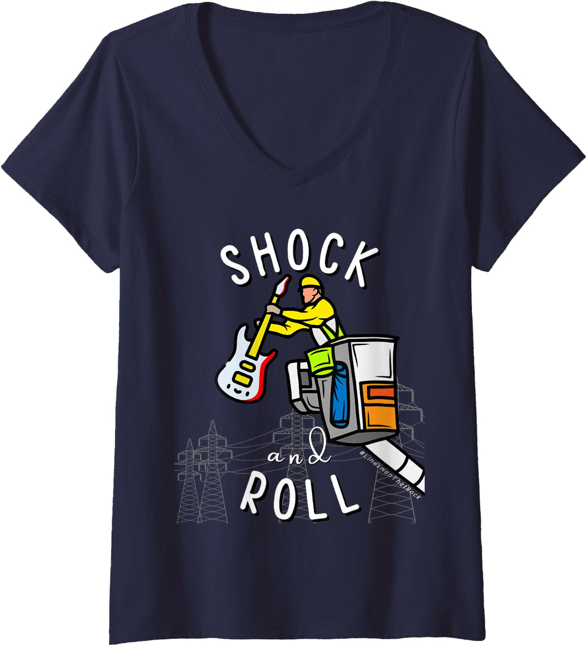 Women's Funny Shock and Roll Lineworker Power Lineman V-Neck T-Shirt - Navy Blue