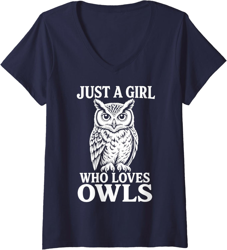 Women's Girl Owl Lover Woman Loves Owls V-Neck T-Shirt - Navy Blue