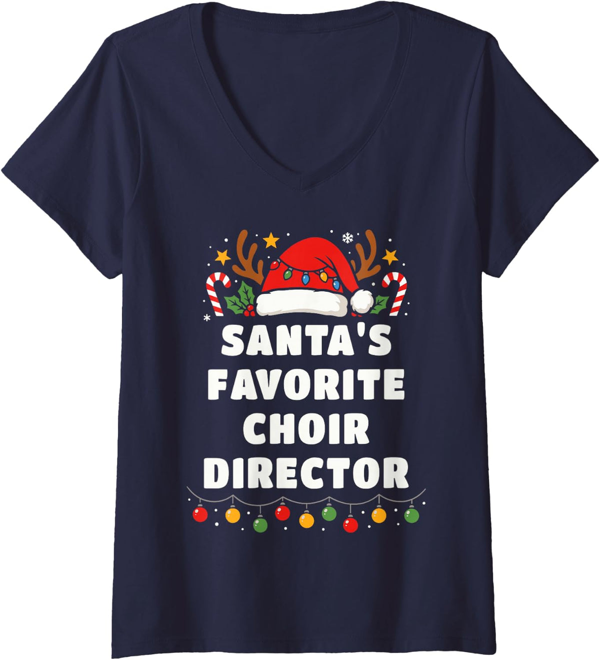 Women's Santa's Favorite Choir Director Funny Christmas Musician V-Neck T-Shirt - Navy Blue