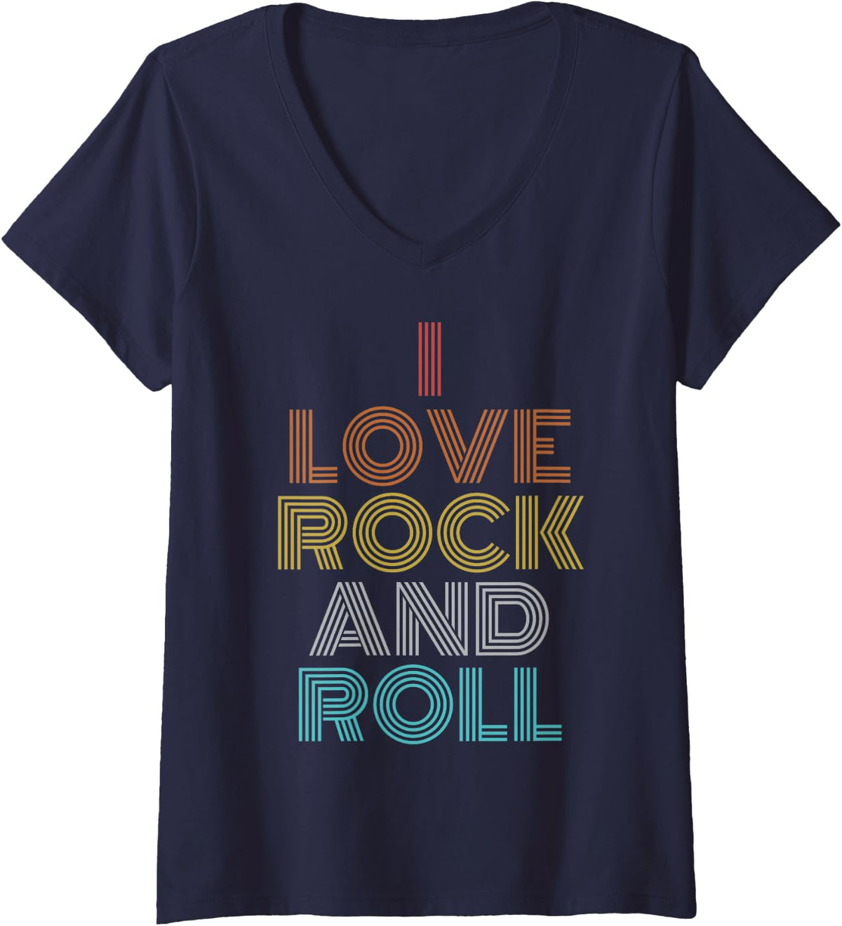 Womens Retro Vintage I Love Rock and Roll V-Neck T-Shirt - Navy Blue