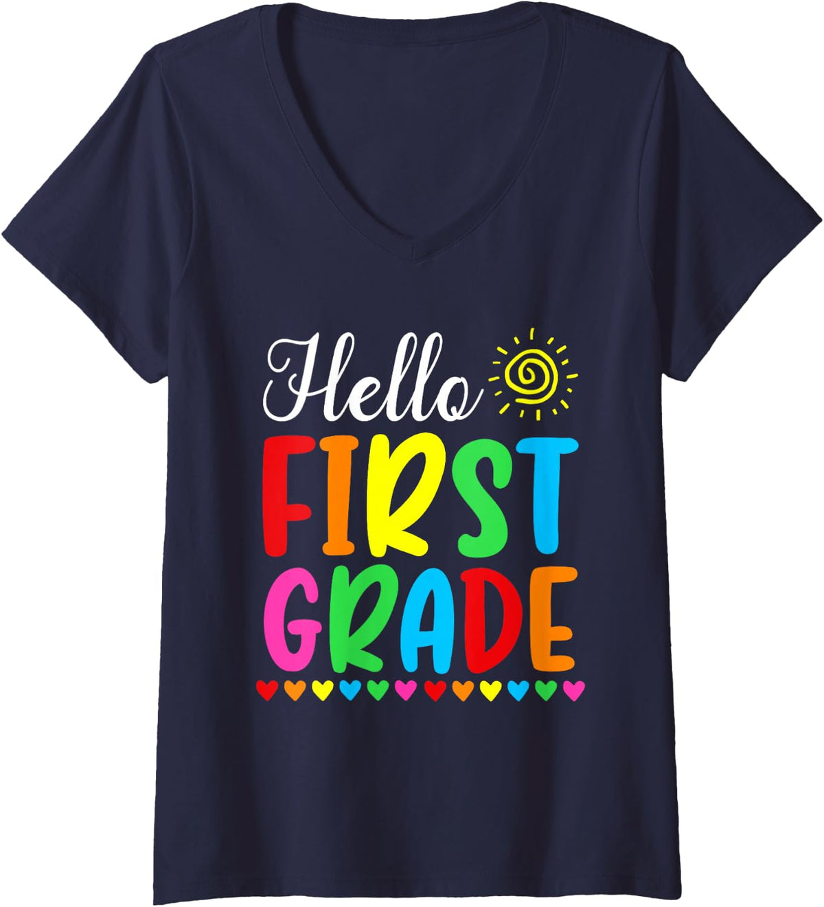 Women's Hello First Grade Back to School Students Teachers Funny V-Neck T-Shirt - Navy Blue