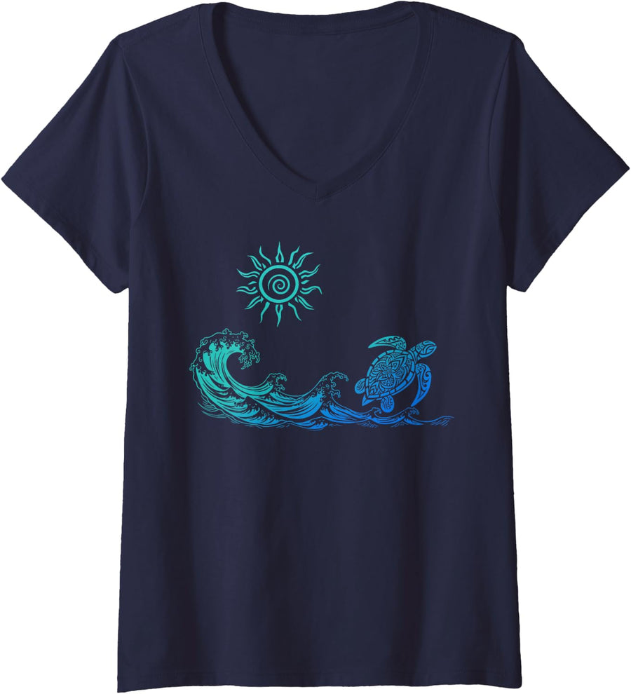 Womens Tropical Ocean Turquoise Blue Tribal Hawaiian Turtle V-Neck T-Shirt - Navy Blue