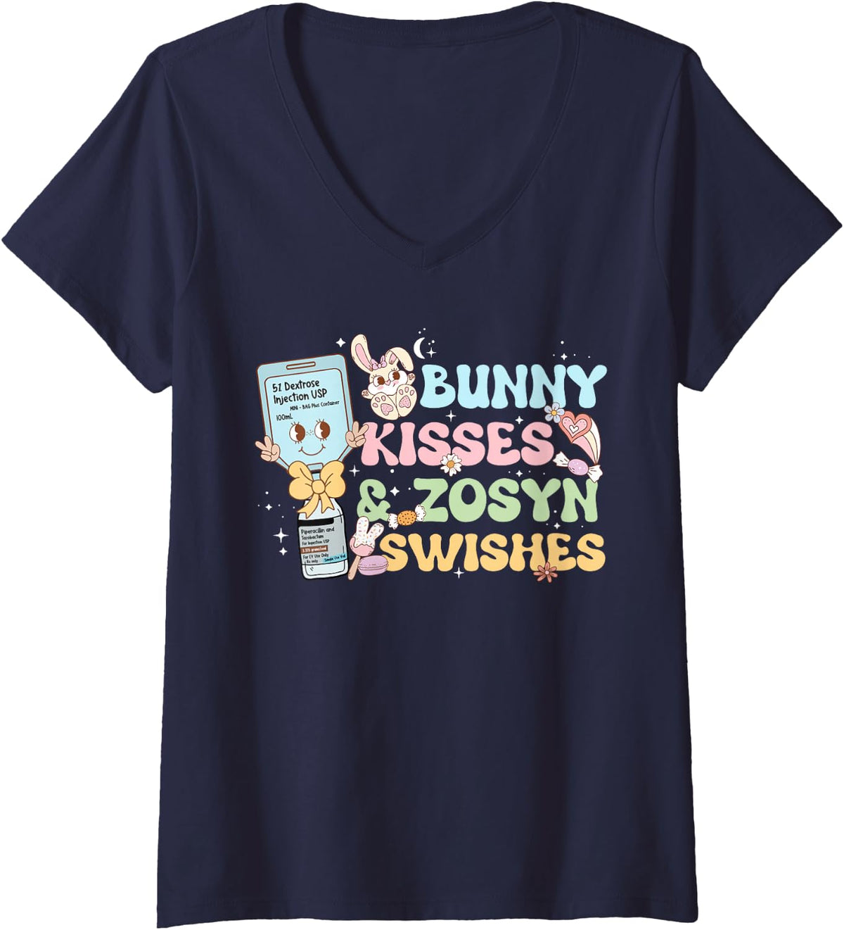 Women's Bunny Kiss Zosyn Swishes Nurse RN LPN CNA Healthcare Easter V-Neck T-Shirt - Navy Blue