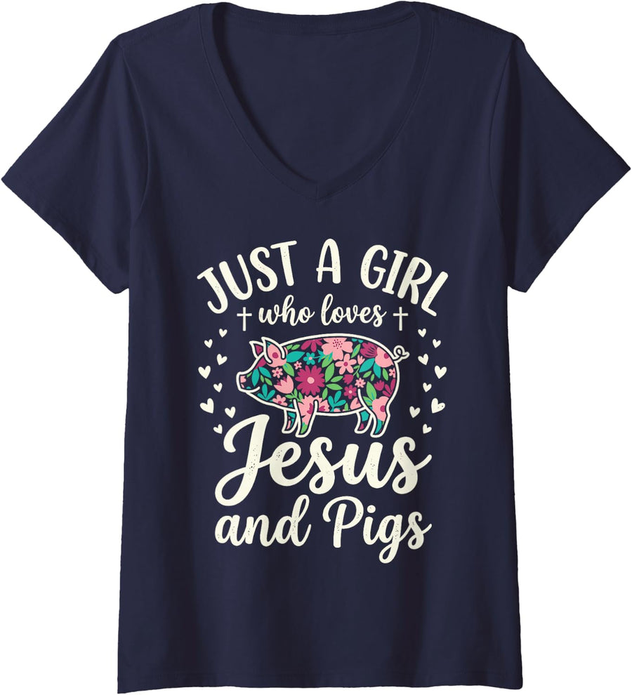 Women's Just A Girl Who Loves Jesus and Pigs Christian Farmer Tee V-Neck T-Shirt - Navy Blue