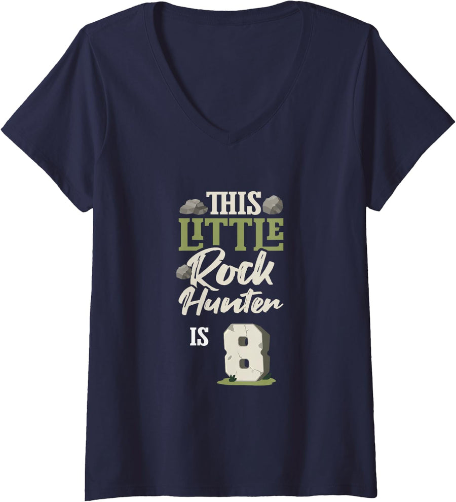 Women's This Little Rock Hunter is 8 Fossils Lover 8th Birthday Kids V-Neck T-Shirt - Navy Blue