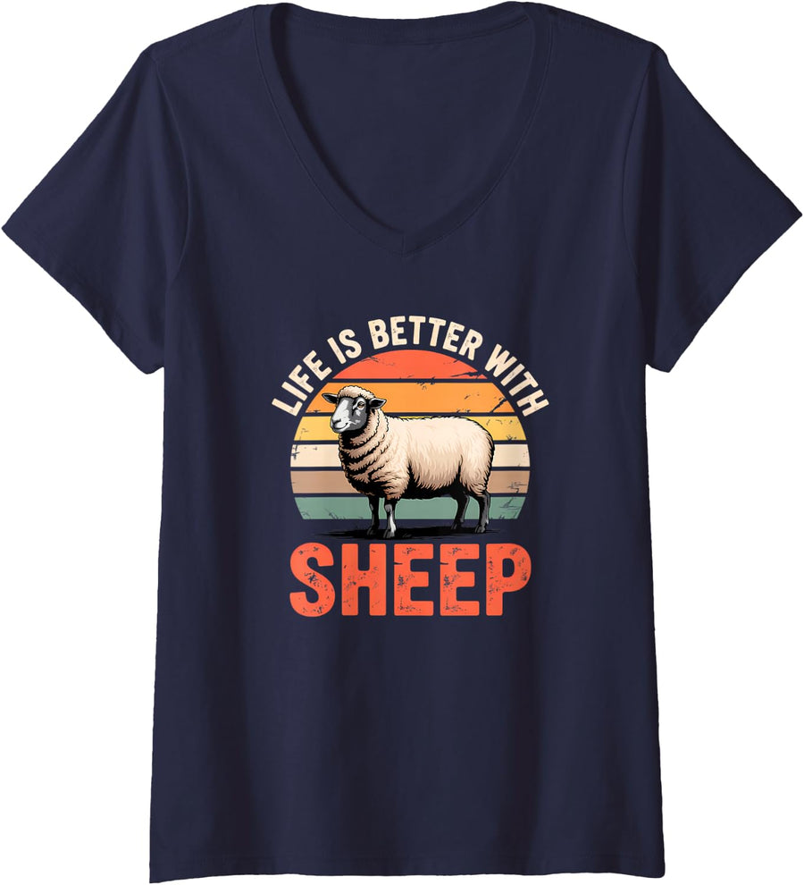 Women's Sheep V-Neck T-Shirt - Navy Blue