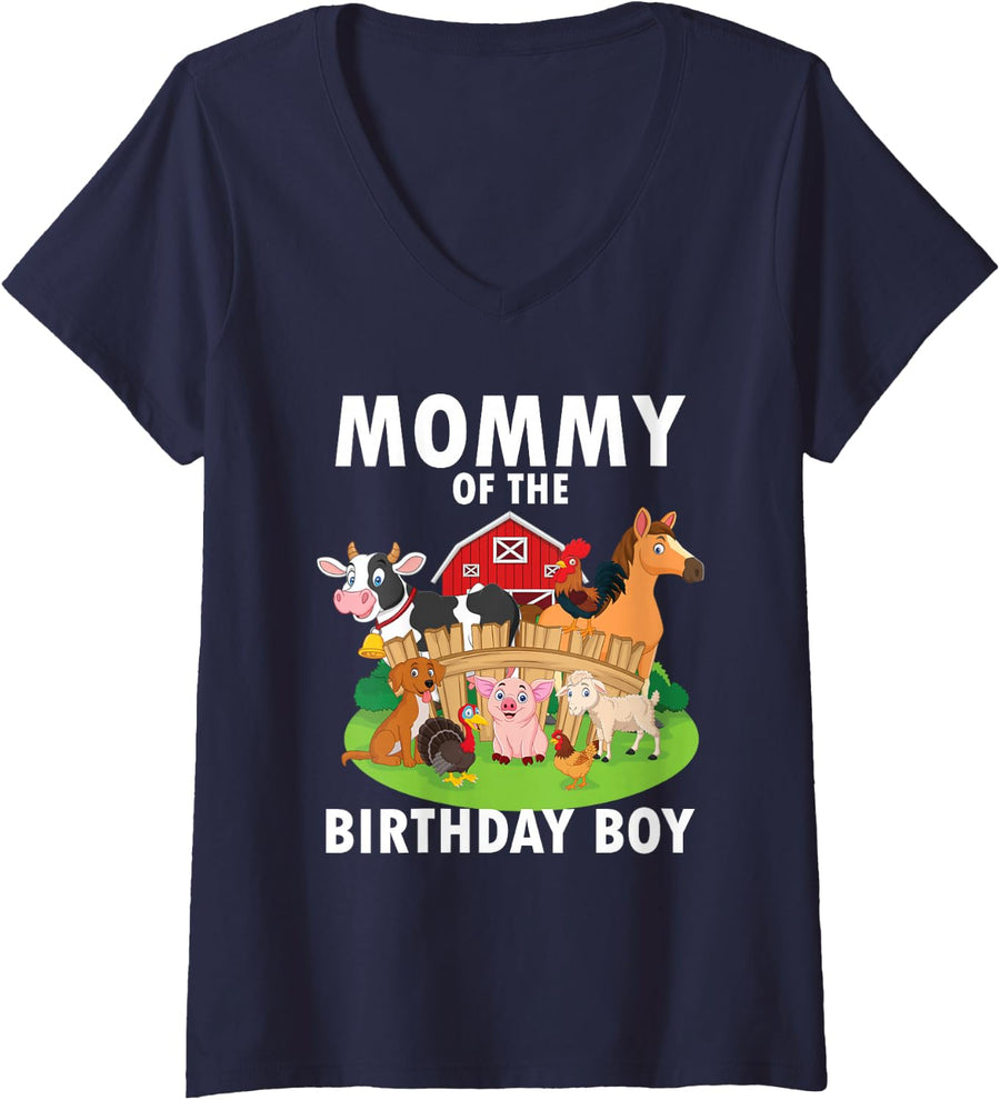 Womens Mommy Of The Birthday Boy Farm Animals Matching Farm Theme V-Neck T-Shirt - Navy Blue