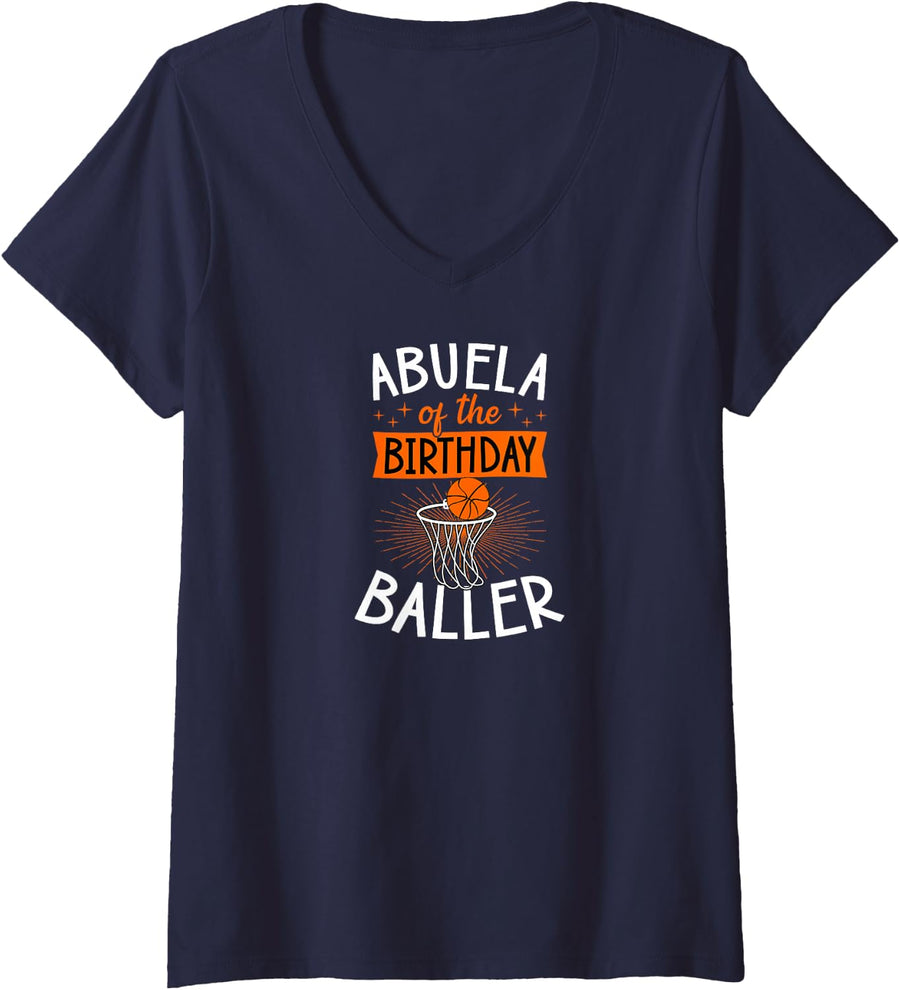 Women's Abuela of the Birthday Baller Matching Basketball Family V-Neck T-Shirt - Navy Blue