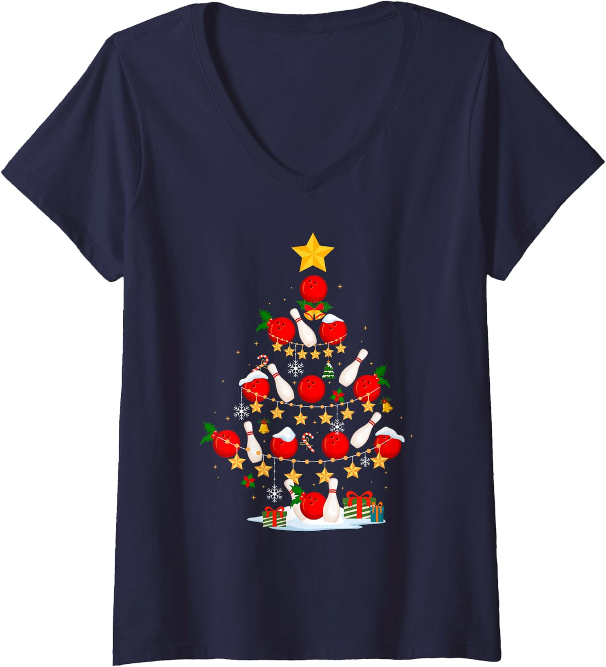 Women's Bowling Christmas Tree Ugly Christmas Sweater Kids Adults V-Neck T-Shirt - Navy Blue