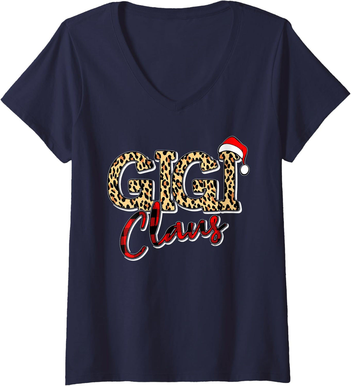 Womens Grandma Christmas Santa Hat Gigi Claus Leopard Buffalo Plaid V-Neck T-Shirt - Navy Blue
