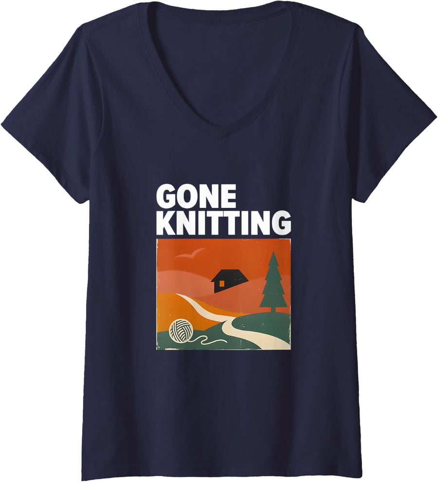 Women's Knitter Knitting Retro V-Neck T-Shirt - Navy Blue