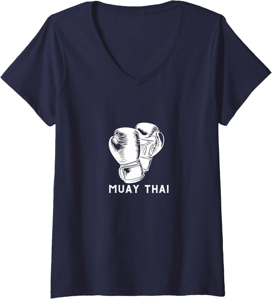 Women's Muay Thai Boxing Gloves V-Neck T-Shirt - Navy Blue